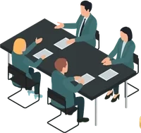 同じテーブルで打ち合わせをする社内メンバーのイラスト